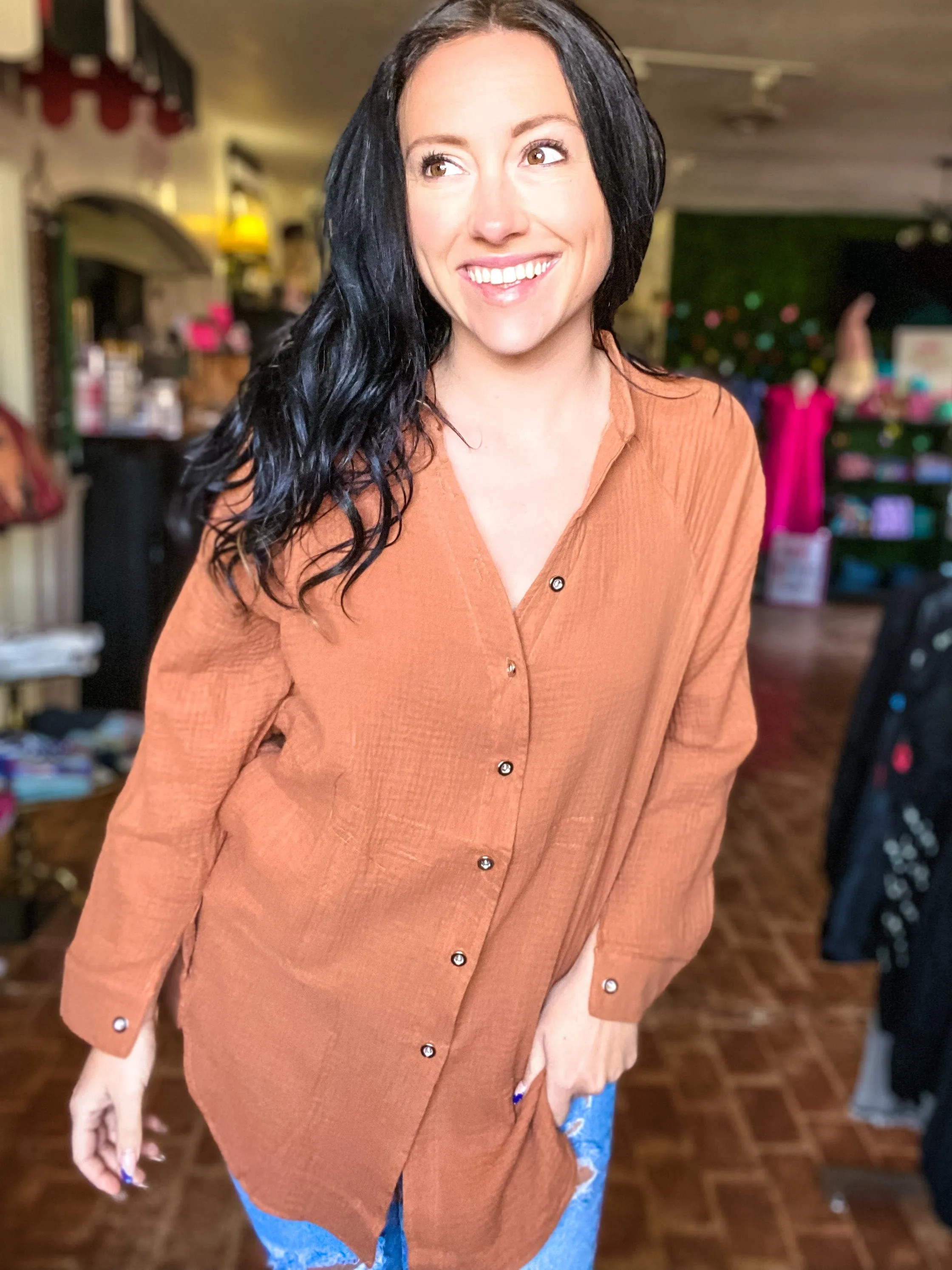 Leona Gauze Button Down Rust