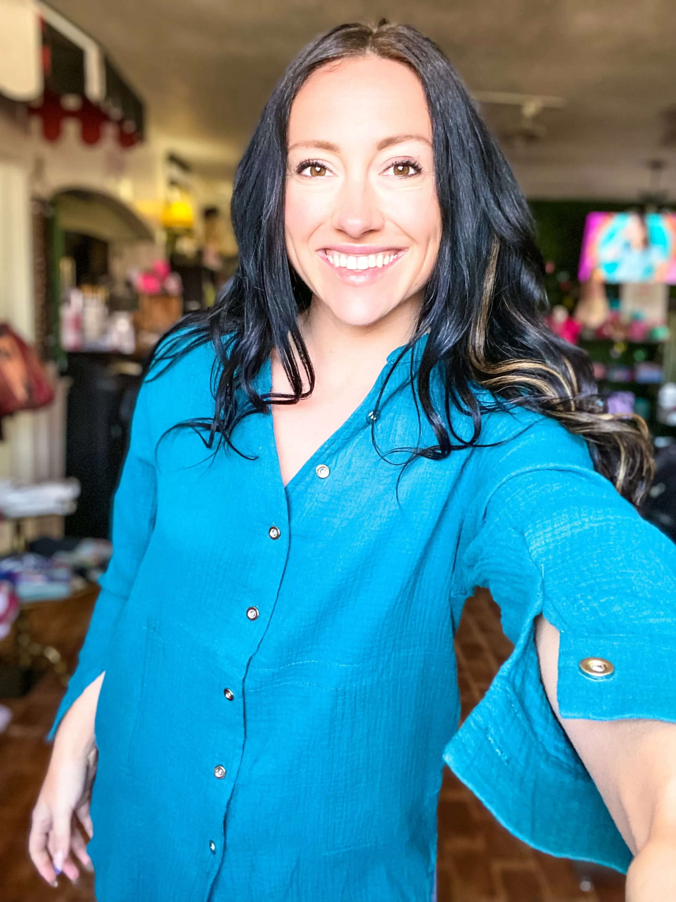 Leona Gauze Button Down Teal