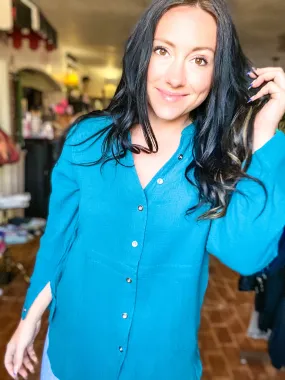 Leona Gauze Button Down Teal