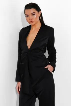 Matte Satin Plunge Drape Front Blazer