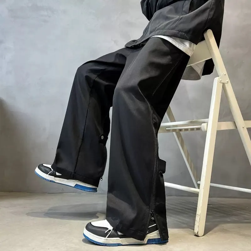 Men's Casual Mid Waist Hip Hop Double Zipper Straight Loose Cargo Pants