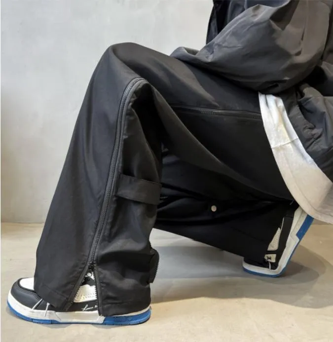 Men's Casual Mid Waist Hip Hop Double Zipper Straight Loose Cargo Pants