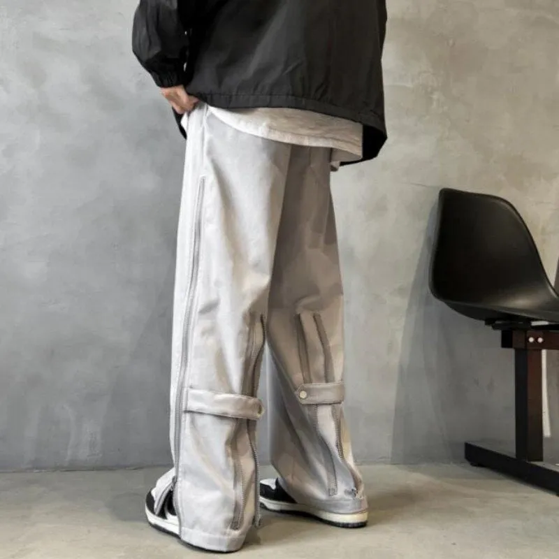 Men's Casual Mid Waist Hip Hop Double Zipper Straight Loose Cargo Pants