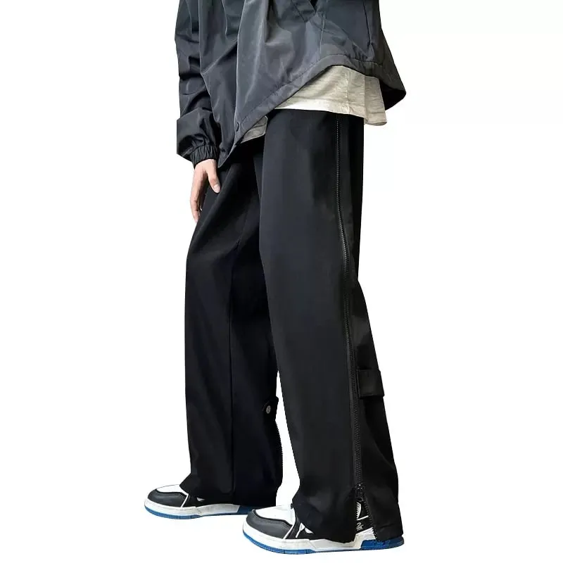 Men's Casual Mid Waist Hip Hop Double Zipper Straight Loose Cargo Pants