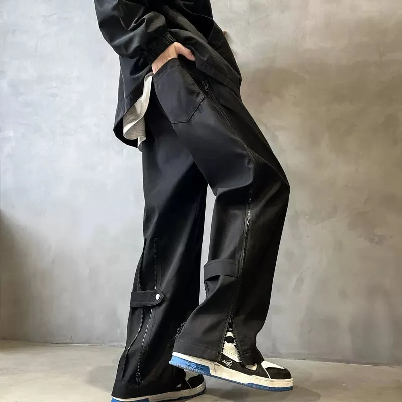 Men's Casual Mid Waist Hip Hop Double Zipper Straight Loose Cargo Pants