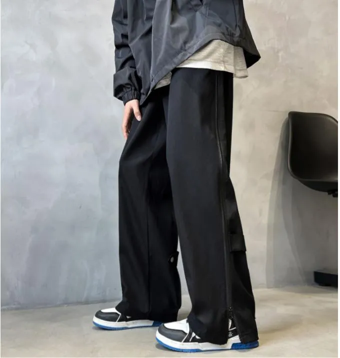 Men's Casual Mid Waist Hip Hop Double Zipper Straight Loose Cargo Pants