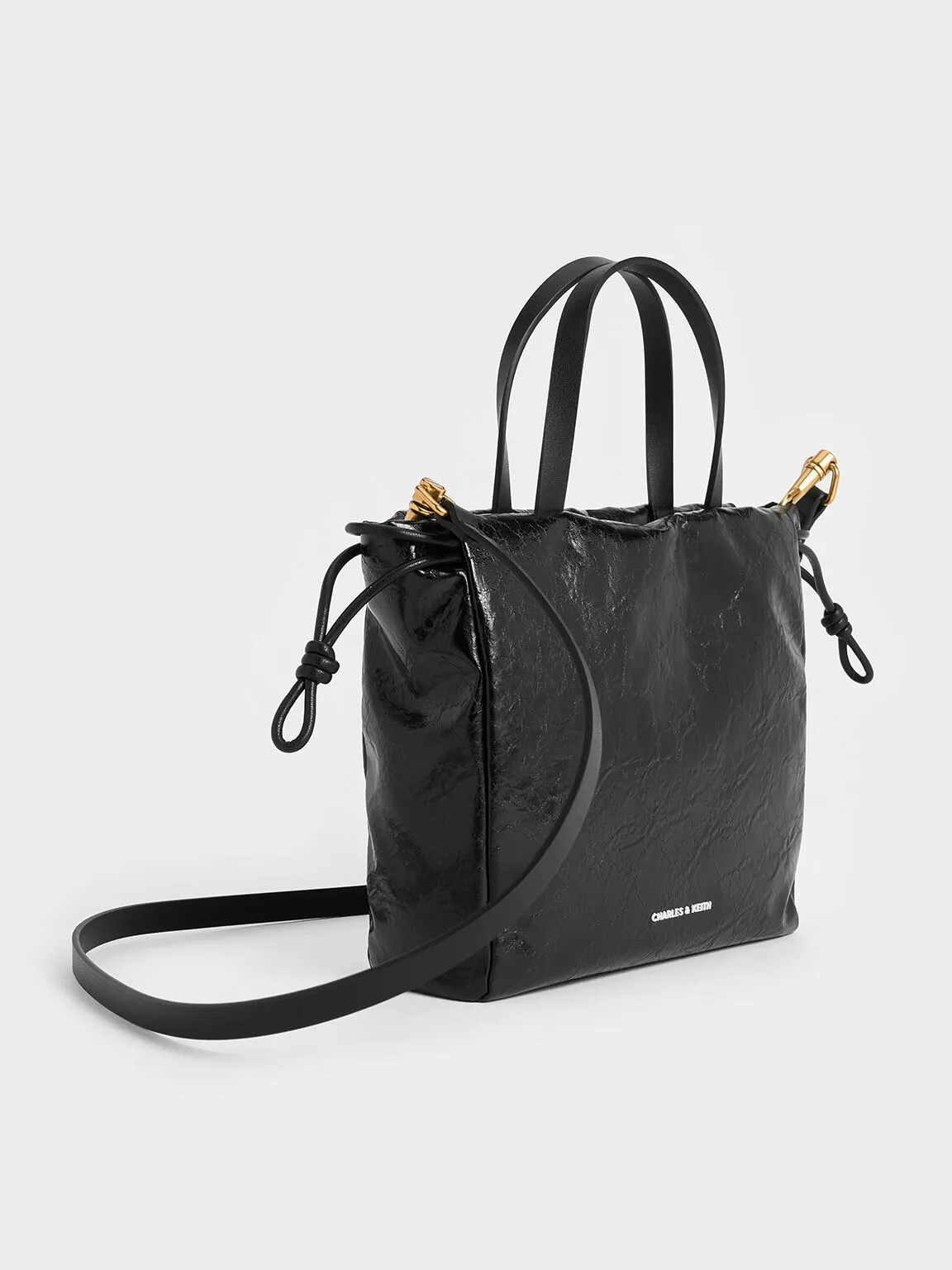 Mini Bethel Crinkle-Effect Ruched Drawstring Tote Bag - Black