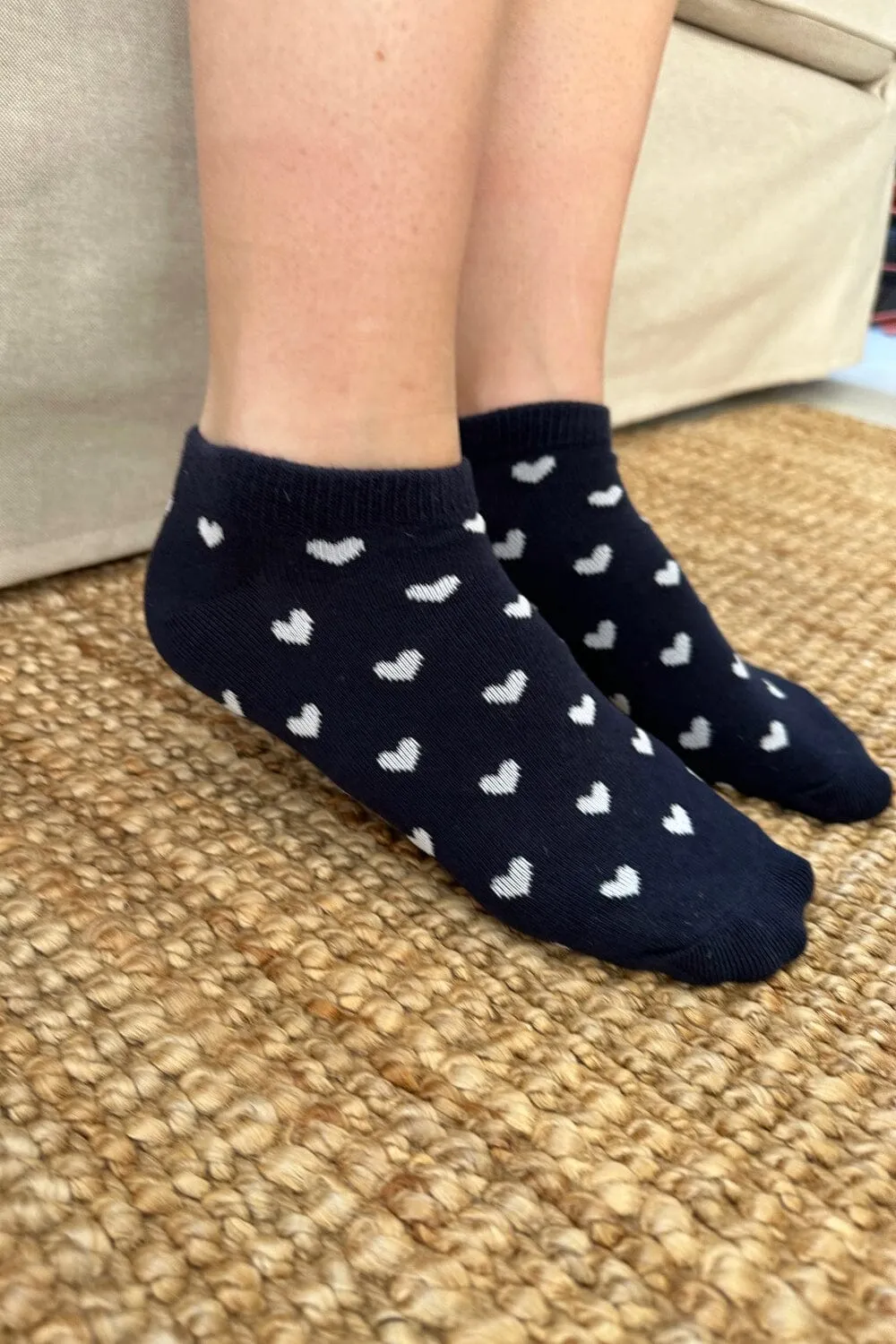 Navy Blue Ankle Socks White Hearts