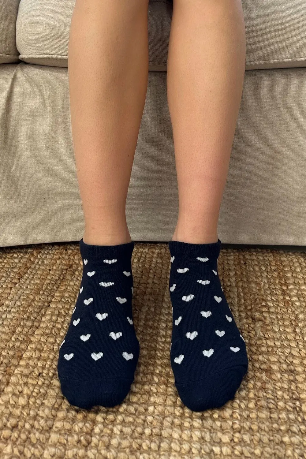 Navy Blue Ankle Socks White Hearts