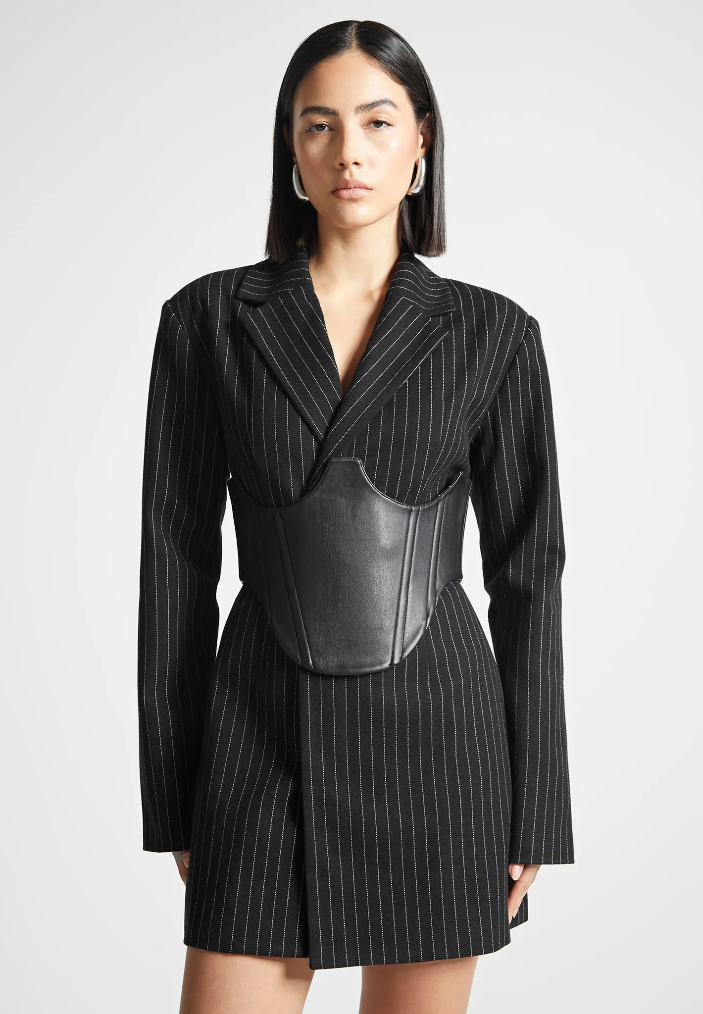 Pinstripe Blazer Dress with Reversible Corset - Black