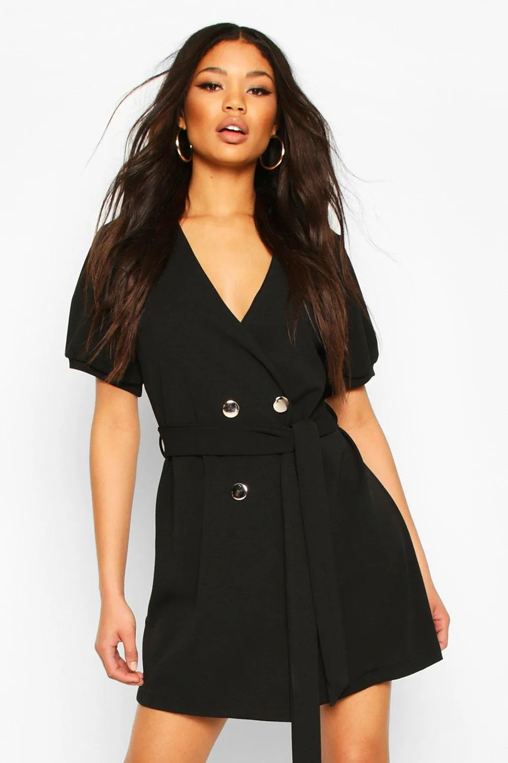 Puff Sleeve Belted Button Blazer Dress