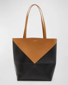 Puzzle Fold Medium Tote Bag in Shiny Bicolor Leather