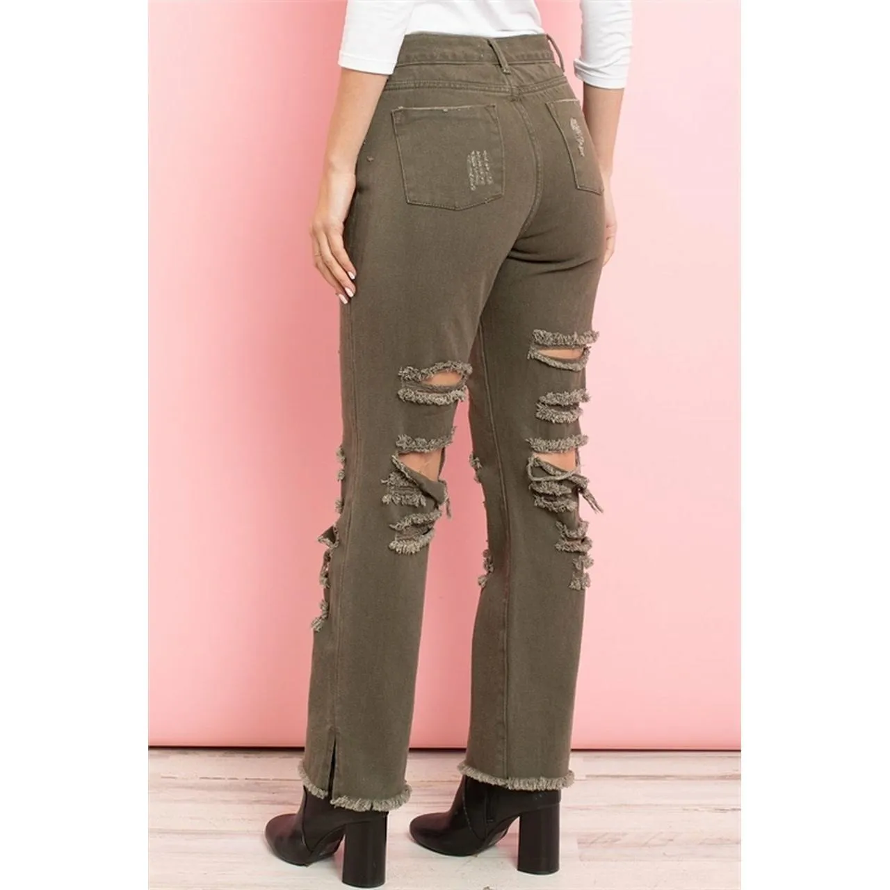 Ripped detail frayed hem wide leg jeans