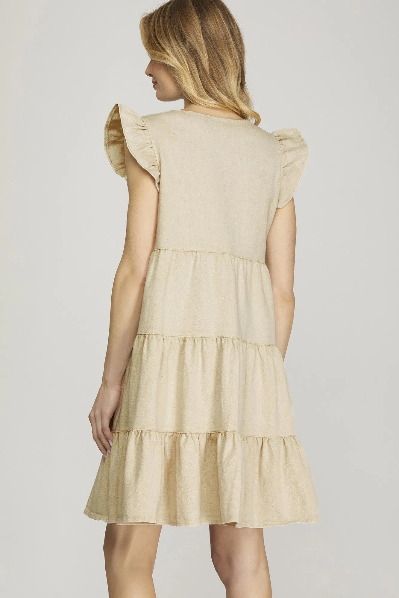 Ruffle Sleeve Tiered Button Down Wash Twill Dress