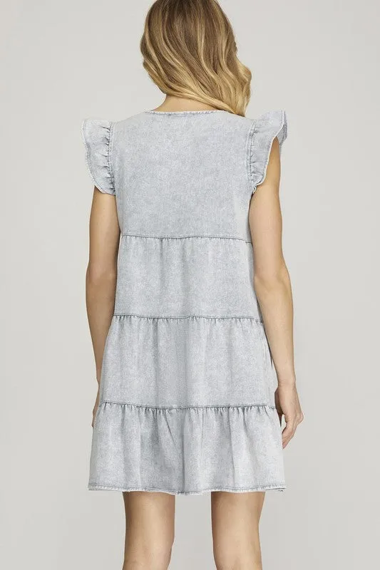 Ruffle Sleeve Tiered Button Down Wash Twill Dress