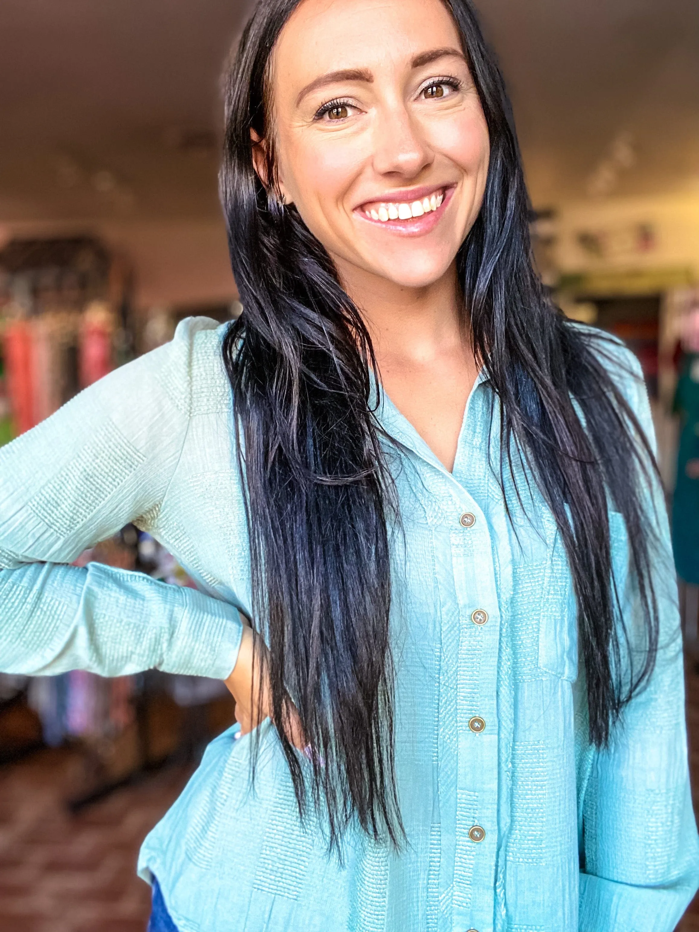 Seafoam Textured Button Down Top