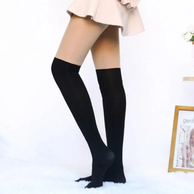 Sexy Women Tights Over Knee Double Stripe Sheer Black Temptation Suspender