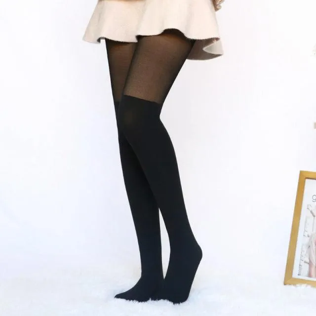 Sexy Women Tights Over Knee Double Stripe Sheer Black Temptation Suspender