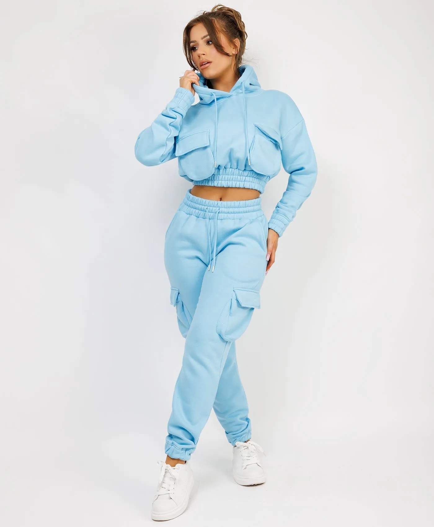 Sky Blue Pocketed Cropped Hoodie & Cargo Tracksuit