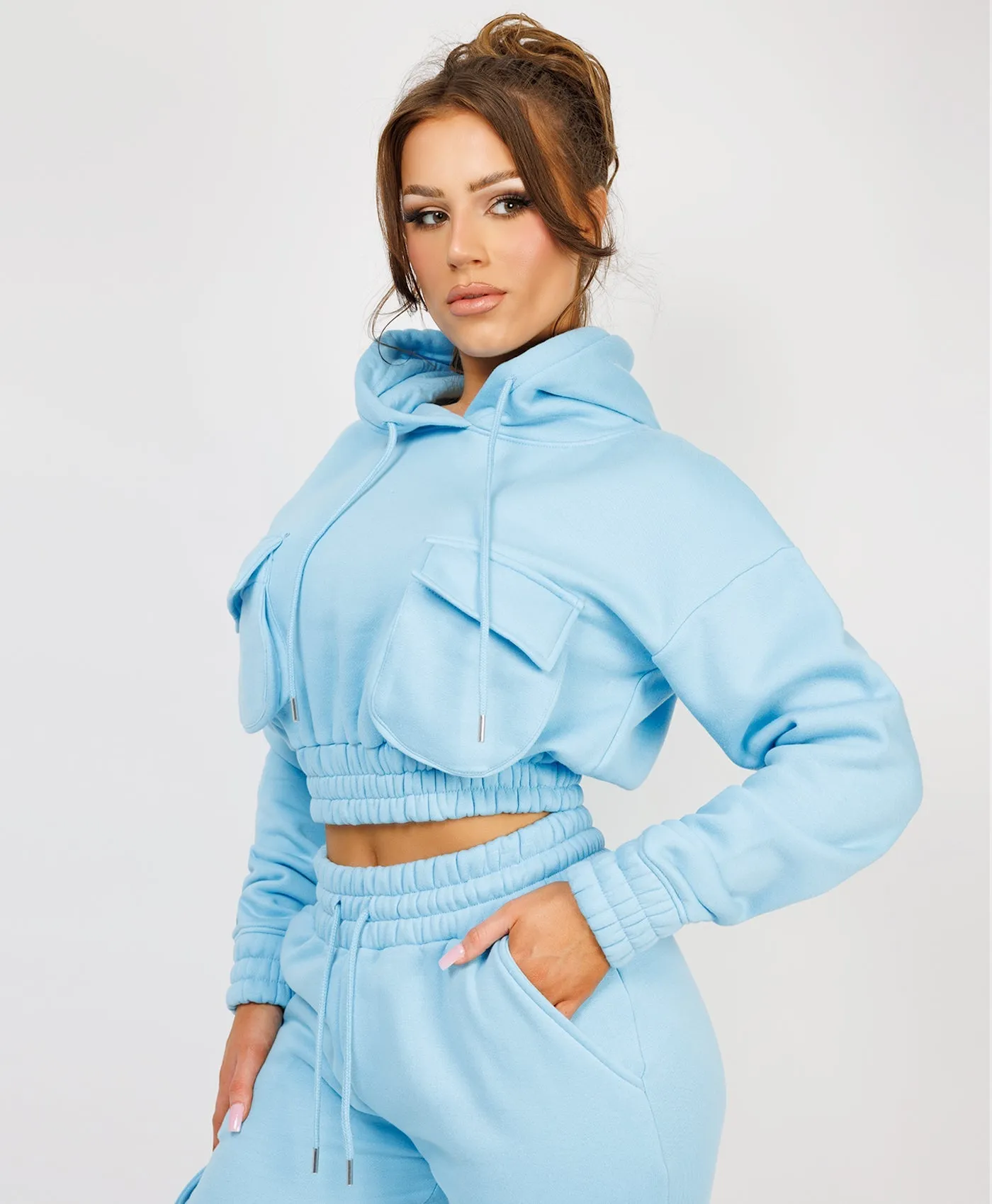 Sky Blue Pocketed Cropped Hoodie & Cargo Tracksuit