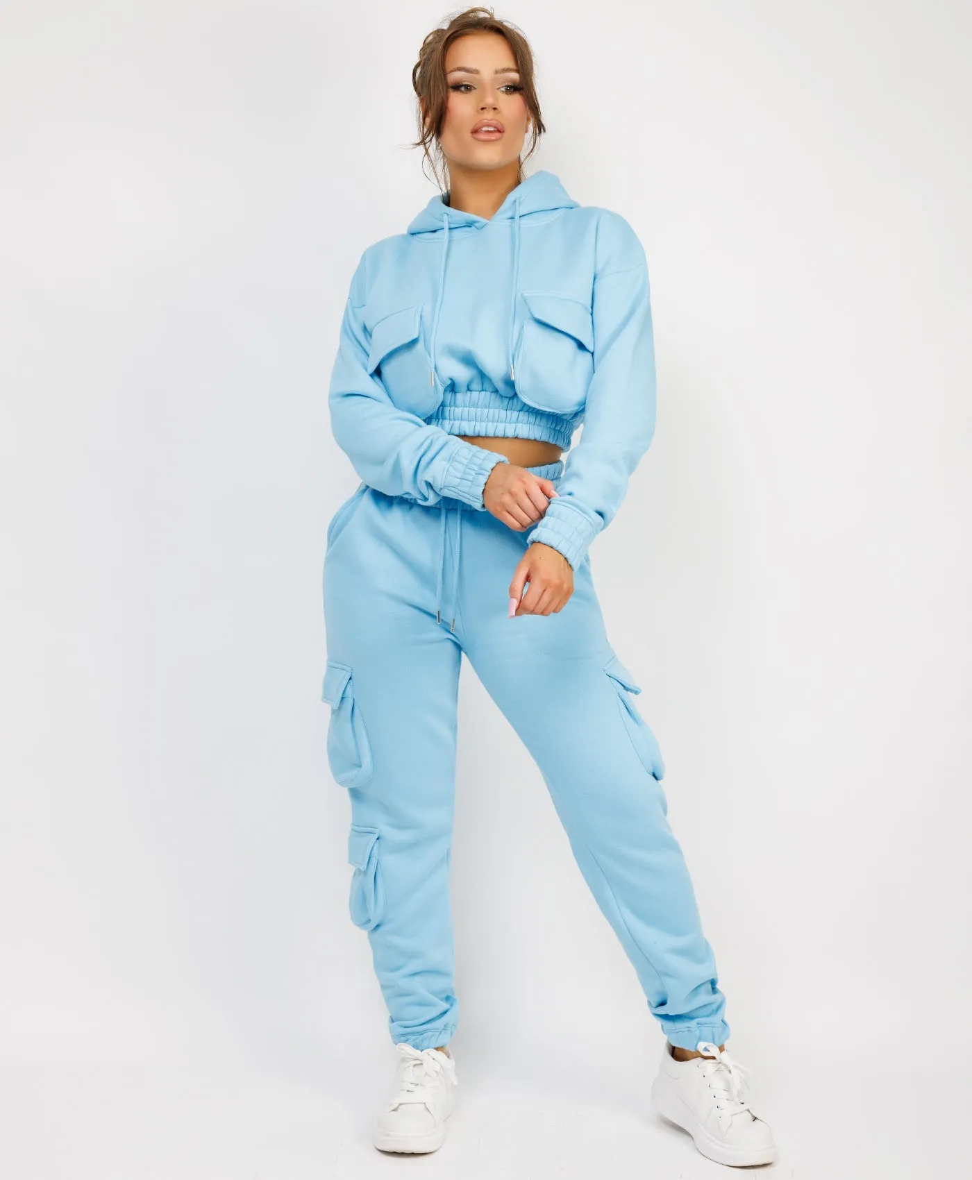 Sky Blue Pocketed Cropped Hoodie & Cargo Tracksuit