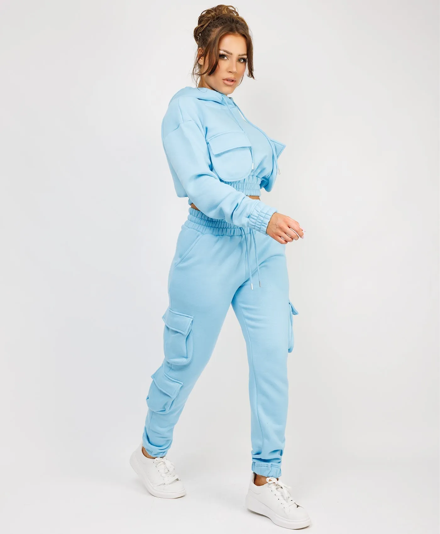 Sky Blue Pocketed Cropped Hoodie & Cargo Tracksuit