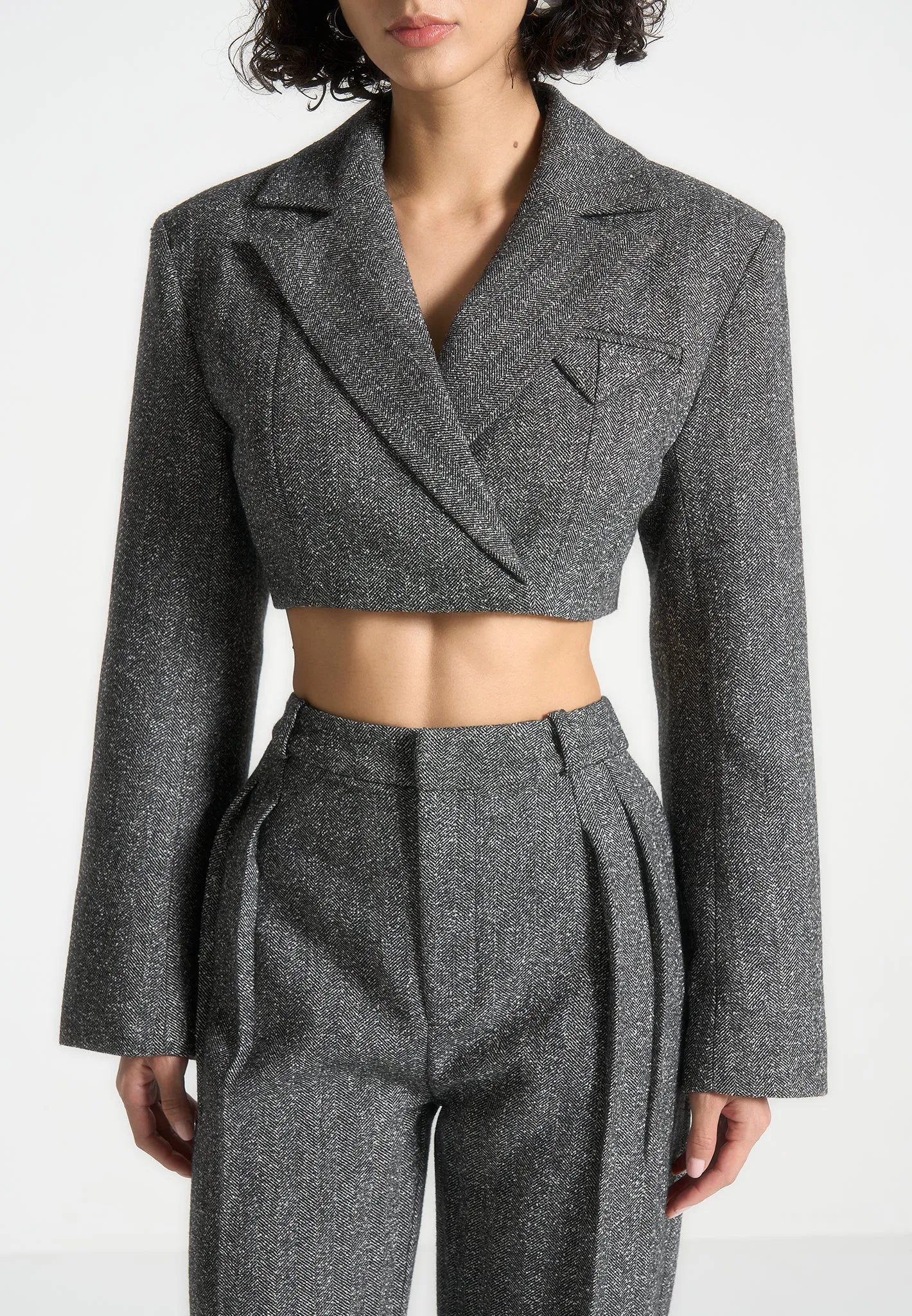 Tailored Wool Wide Shoulder Blazer - Grey