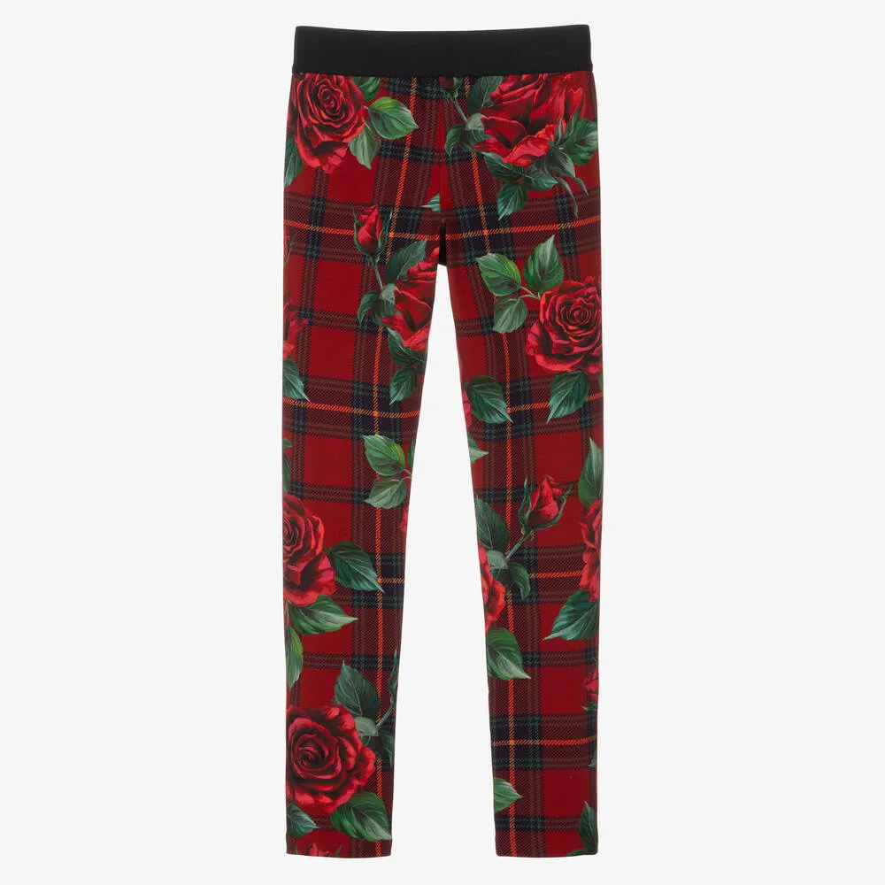 Teen Girls Red Cotton Tartan Leggings