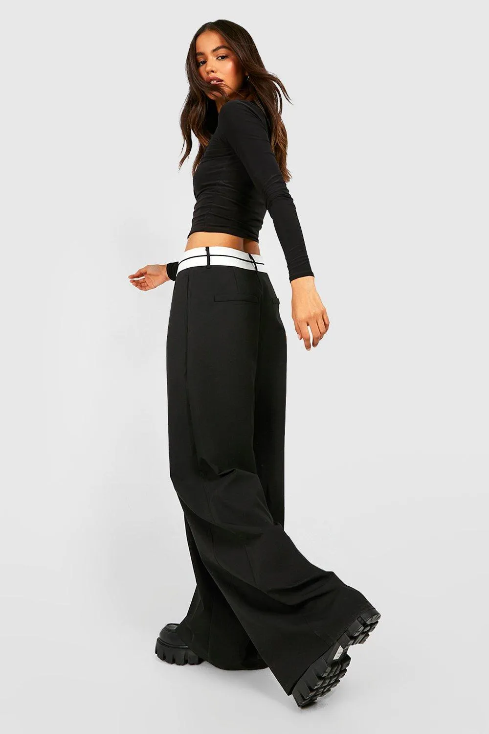 Trousers | Reverse Waistband Tailored Wide Leg Trousers | boohoo