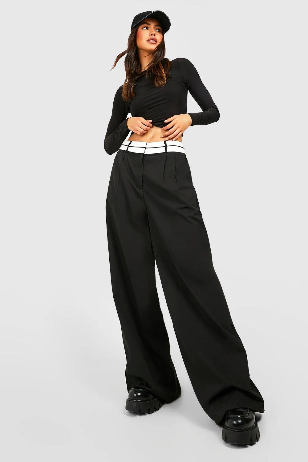 Trousers | Reverse Waistband Tailored Wide Leg Trousers | boohoo