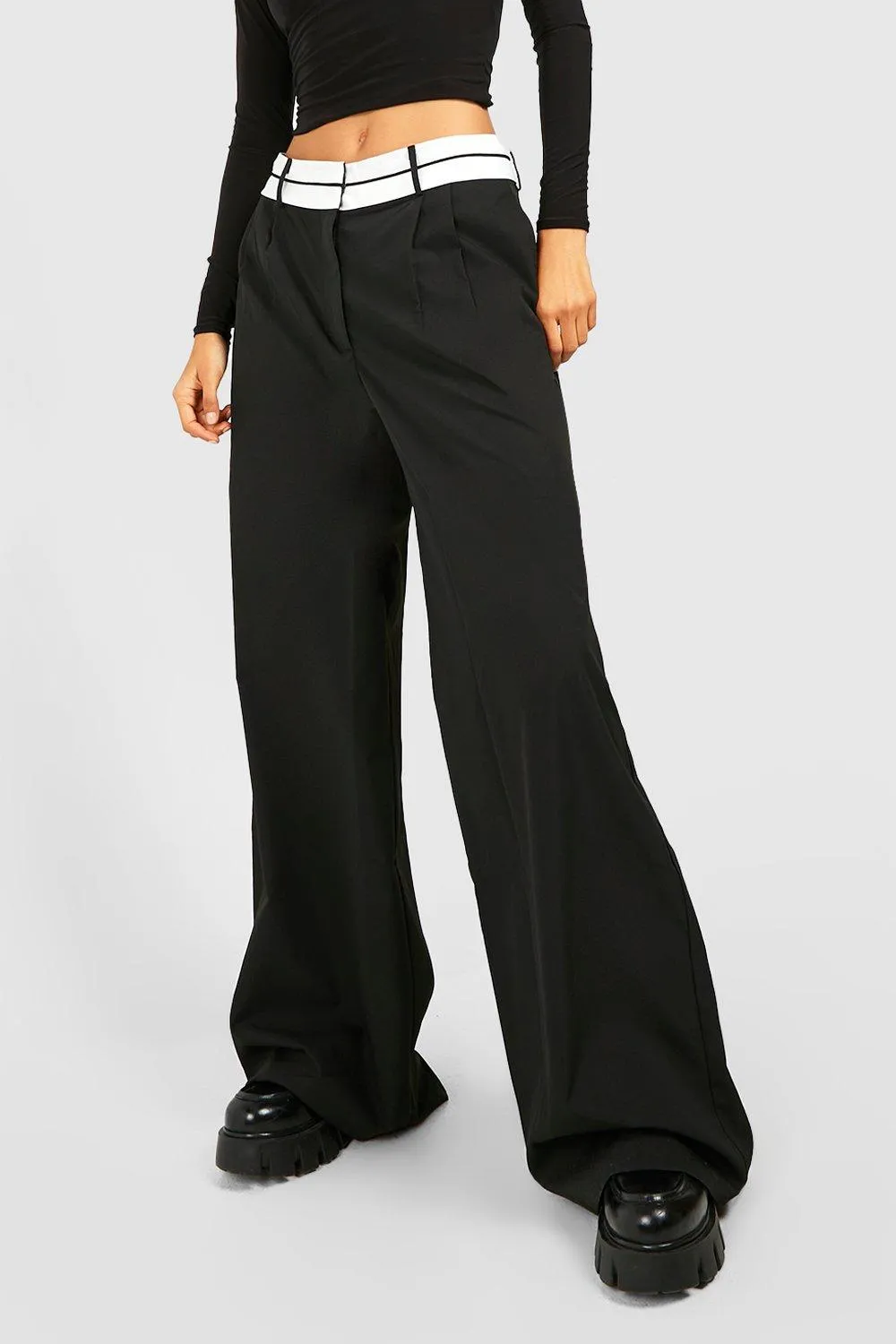 Trousers | Reverse Waistband Tailored Wide Leg Trousers | boohoo