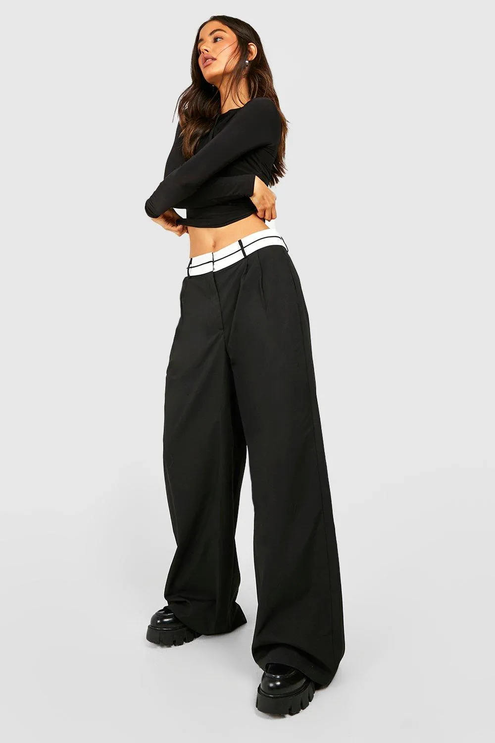 Trousers | Reverse Waistband Tailored Wide Leg Trousers | boohoo