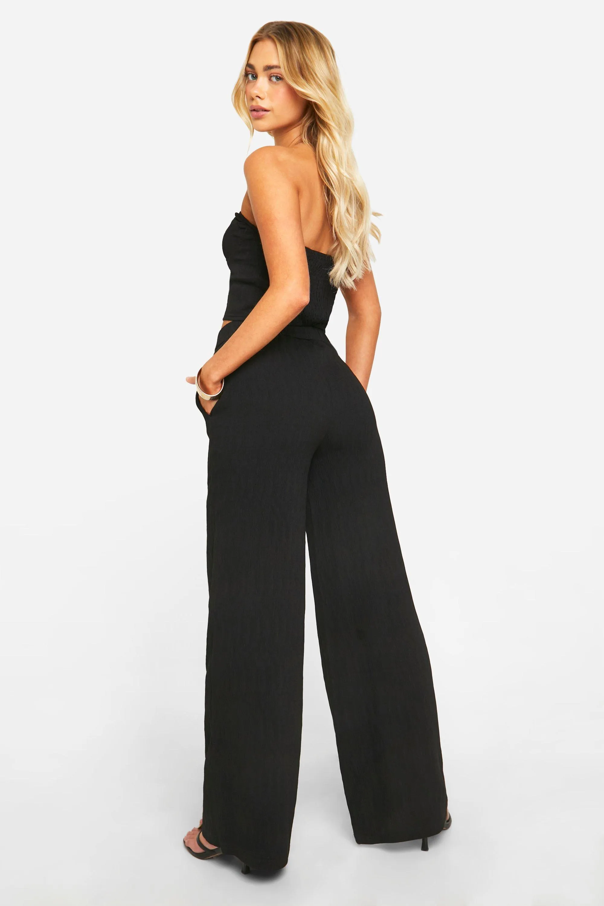 Trousers | Textured Crinkle Wide Leg Trousers | boohoo