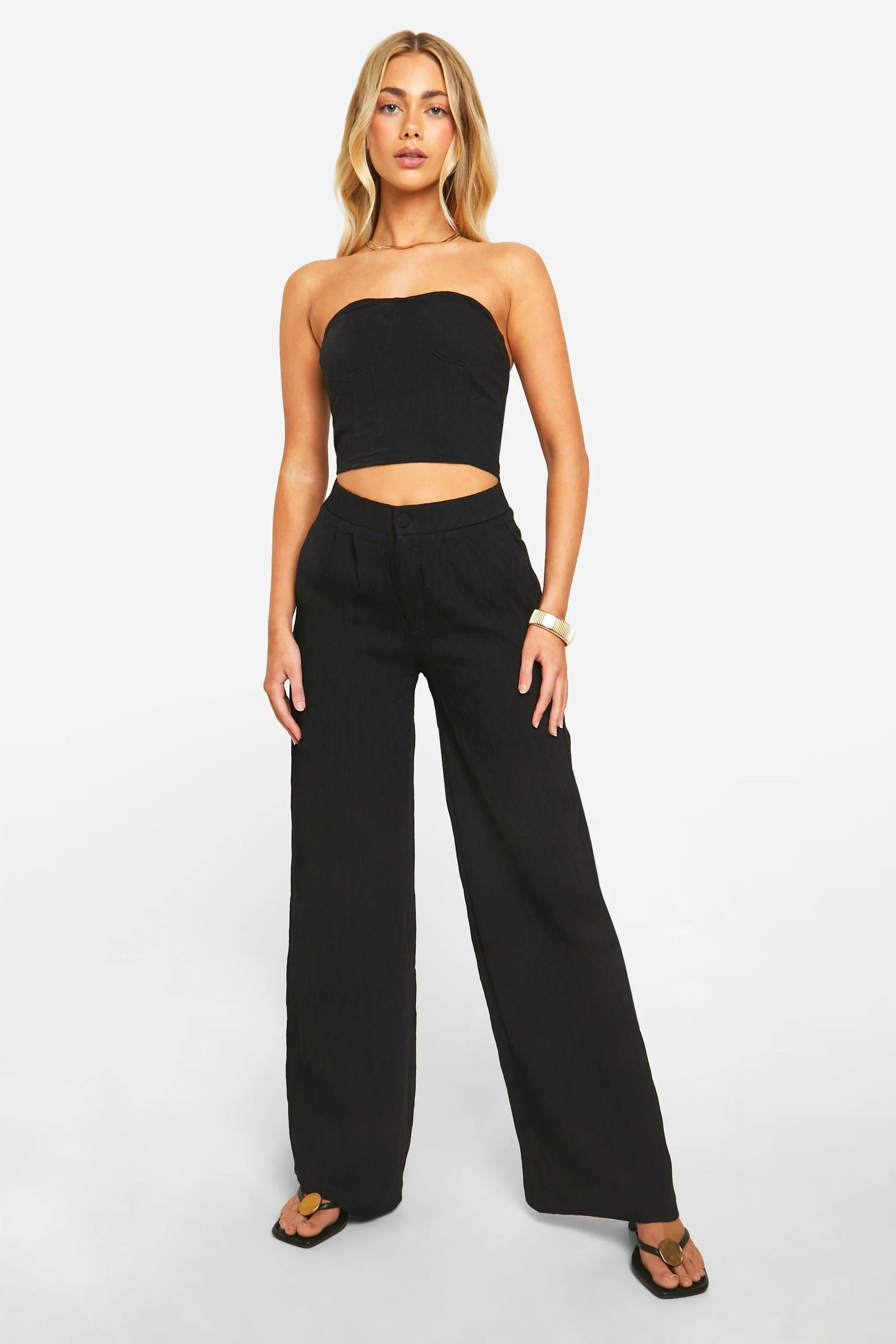 Trousers | Textured Crinkle Wide Leg Trousers | boohoo