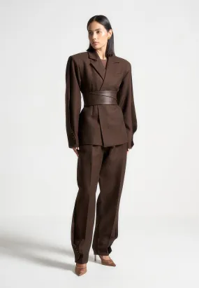 Twist Sleeve Tailored Blazer with Belt - Brown