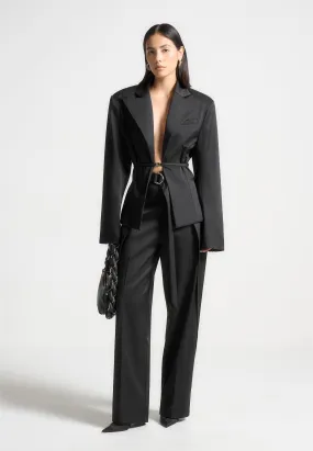 Wide Shoulder Sateen Blazer with Twin Belt - Black