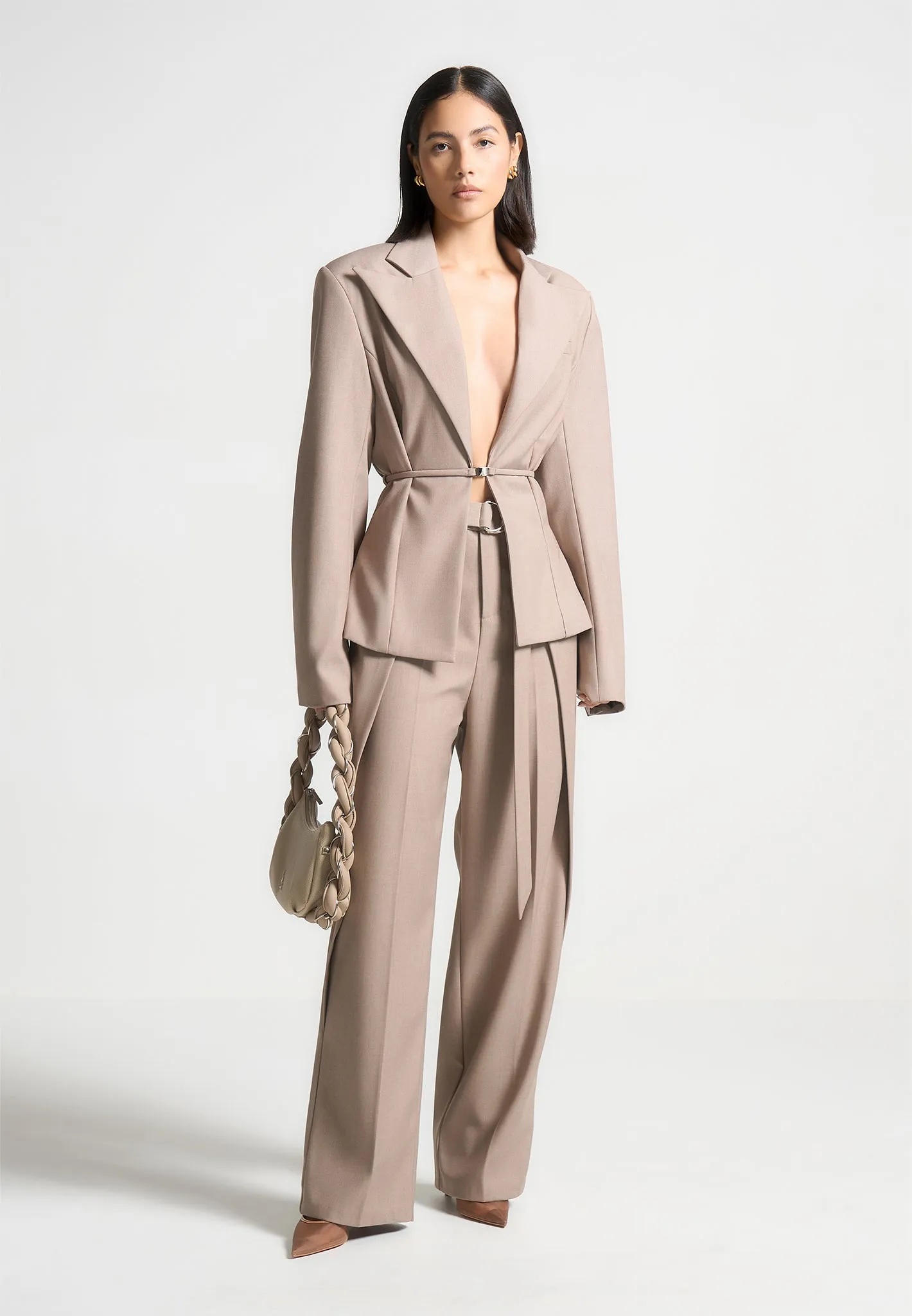 Wide Shoulder Tailored Blazer with Twin Belt - Taupe