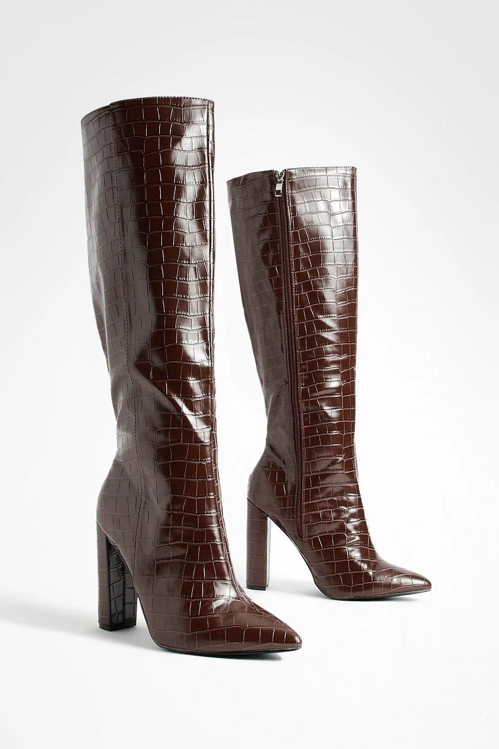 Wide Width Pointed Toe Croc Knee High Boot