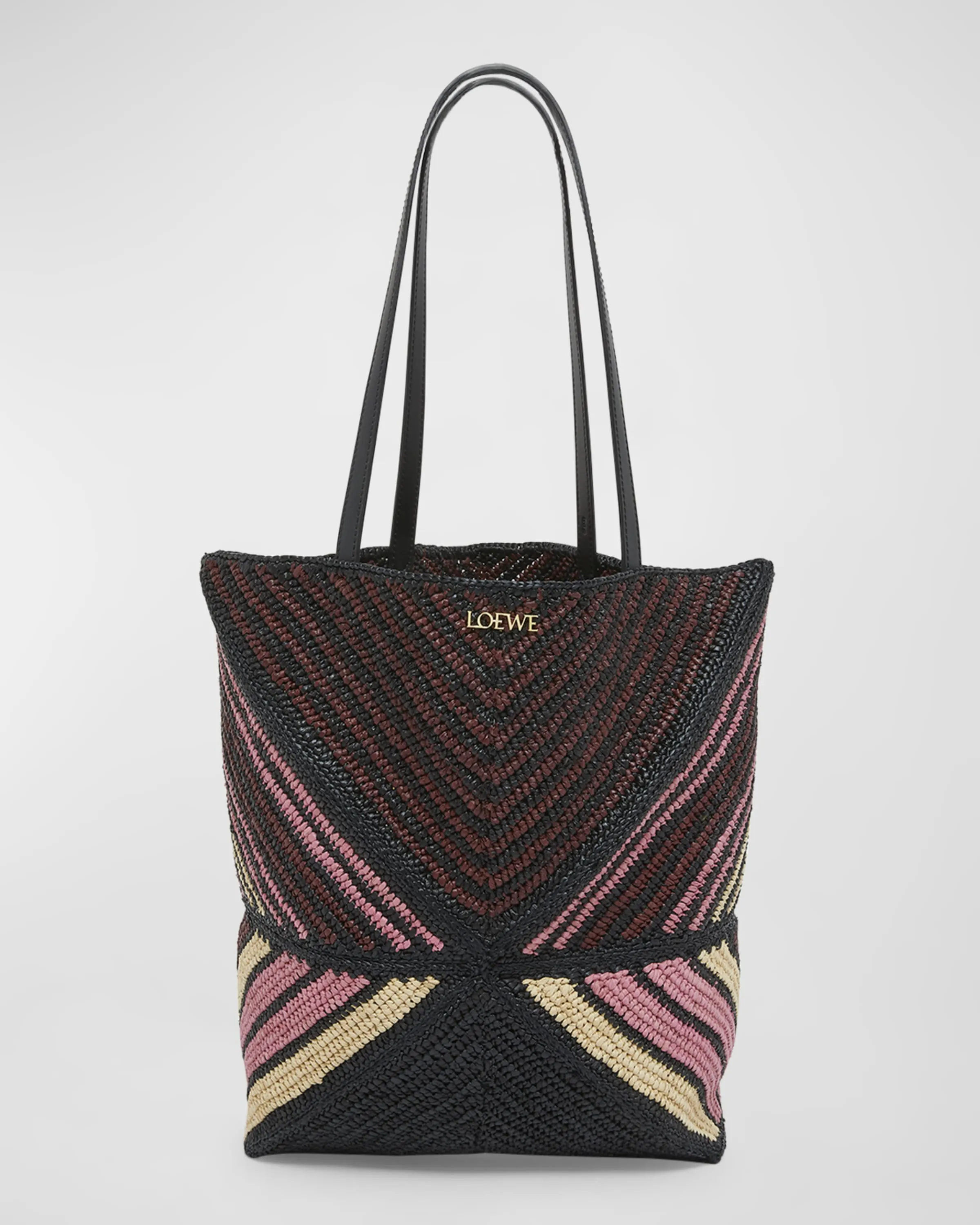 x Paula’s Ibiza Medium Puzzle Fold Tote Bag in Striped Raffia with Leather Handles