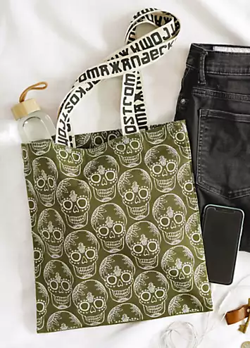 Xander Kostroma 100% Cotton Canvas Olive Green Skull Print Tote Bag | Grattan