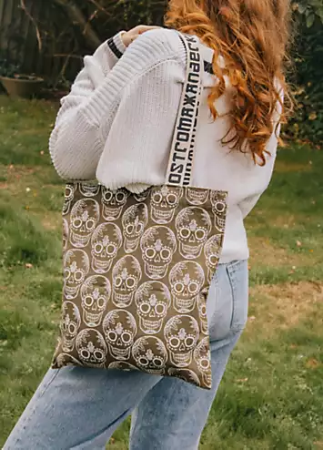 Xander Kostroma 100% Cotton Canvas Olive Green Skull Print Tote Bag | Grattan